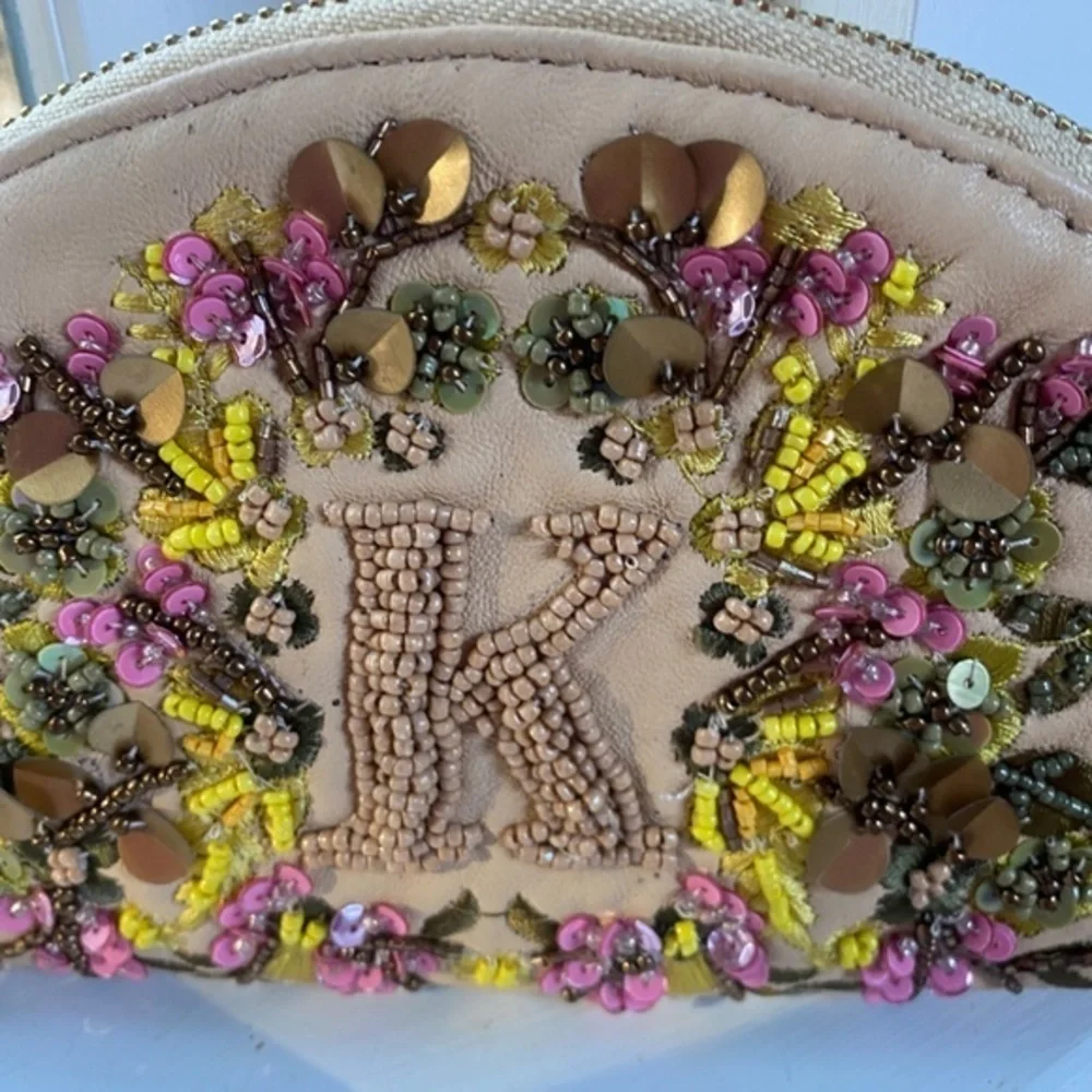 NWT Anthropologie Monogram Leather Beaded Pouch Clutch K